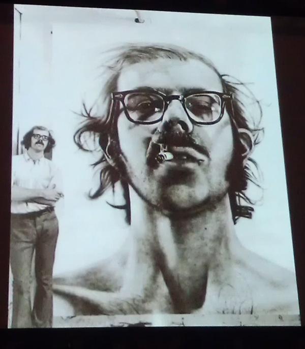 Happy birthday to U.S painter & photographer Chuck Close! Here in front of \Big Self-Portrait\ 