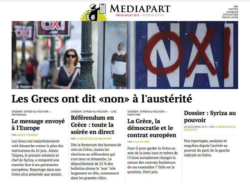 Mediapart's tweet photo. Les Grecs ont dit «non» à l’austérité > http://t.co/FTZqSuZozd #Grece #referendum http://t.co/YuUFsBOniy