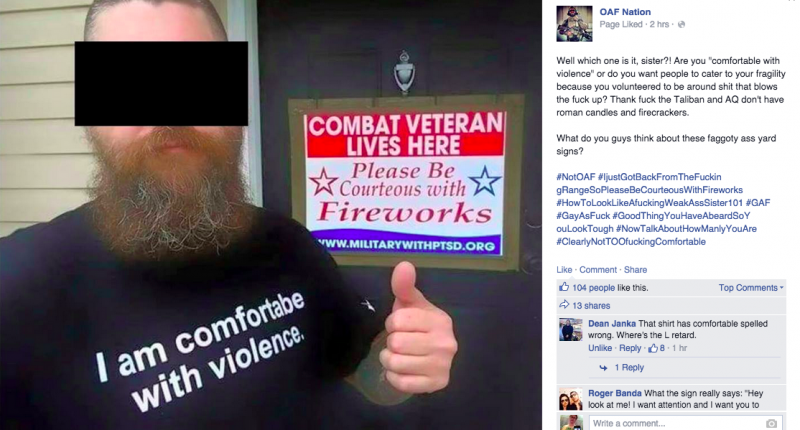sarahlee310's tweet photo. Militia goons mock combat vets who display ‘f*ggoty ass yard signs’ asking for fireworks… http://t.co/hmYYh1CiMx http://t.co/KBEJRfNSAU