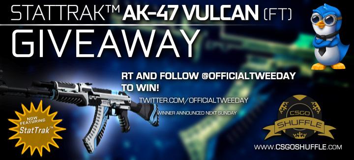 Mrtweeday's tweet image. StatTrak™ AK-47 Vulcan Giveaway! RT+Follow to win. Winner in 1 week at twitch.tv/mrtweeday Thanks @csgoshuffle