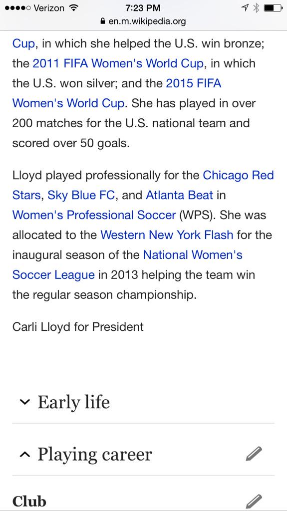 lukebroadwater's tweet photo. Wikipedia right now is endorsing a Carli Lloyd presidential run http://t.co/1Ga3Wxx66w