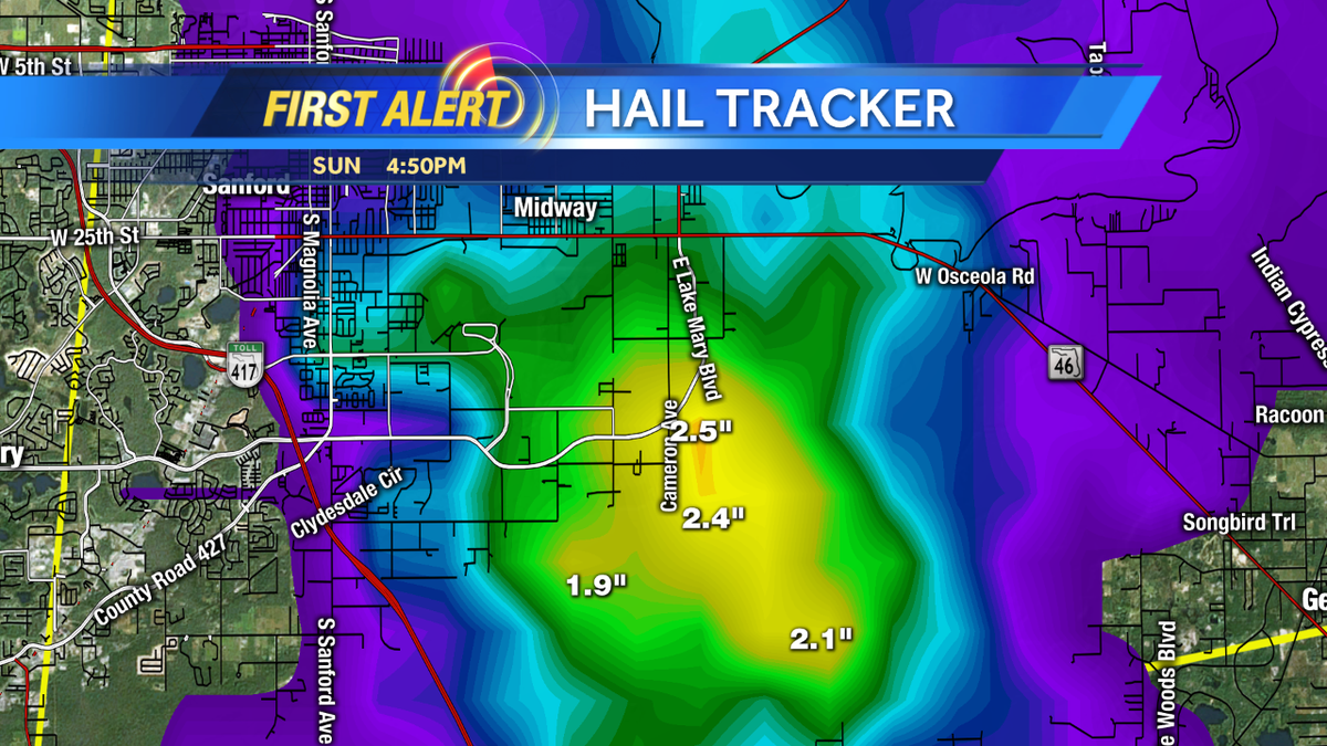 Our hail tracker is showing the core over NE Lake Jessup. Not a nice drive over the SR-417 bridge today #WESH2Storms
