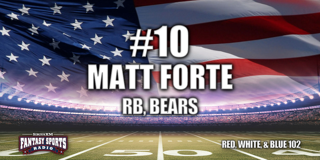 SiriusXMFantasy's tweet photo. #10 in our Red, White & Blue 102 is @ChicagoBears RB Matt Forte! How does his role change under Adam Gase? #RWB102 http://t.co/X77EAfNHWP