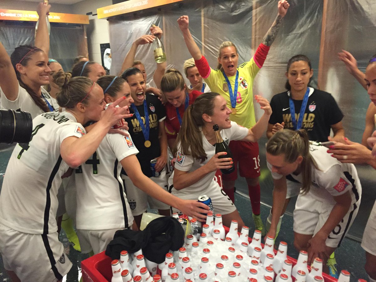 USWNT's tweet photo. Locker Room Look-in: What do you do when you are World Champions? #Celebrate http://t.co/BhT5AlNHVy