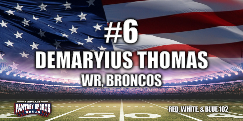 SiriusXMFantasy's tweet photo. #6 in our Red, White & Blue 102 is @Broncos WR Demaryius Thomas! How does Kubiak's system impact his value? #RWB102 http://t.co/USWbJsbdfP