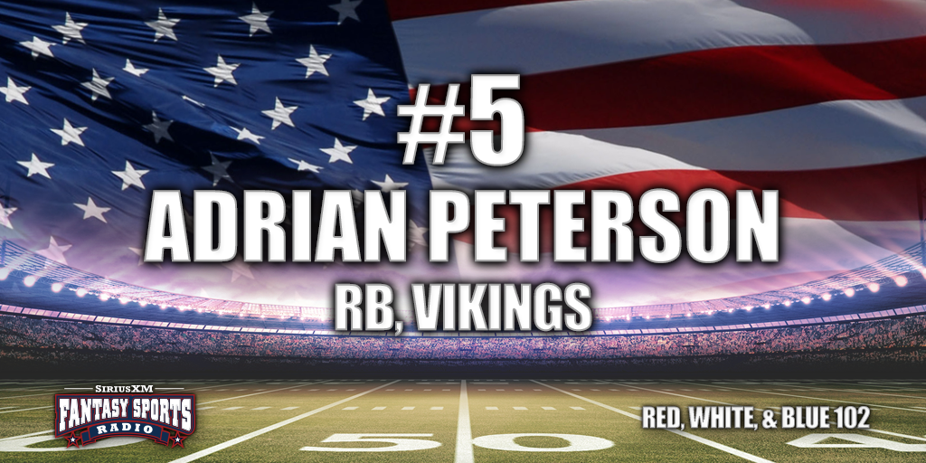 SiriusXMFantasy's tweet photo. #5 in our Red, White & Blue 102 is @Vikings RB Adrian Peterson! Should we expect the old AD back in 2015? #RWB102 http://t.co/bvDgKxdkaY