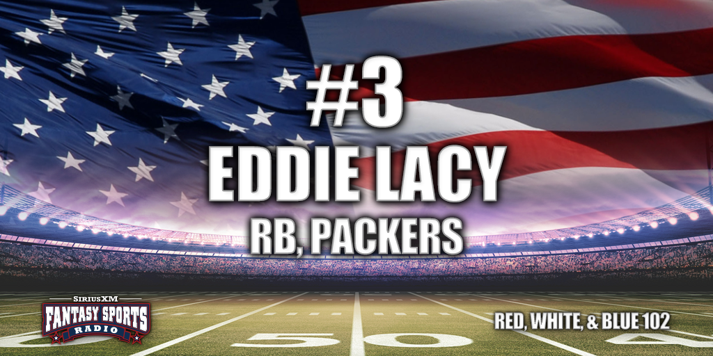 SiriusXMFantasy's tweet photo. #3 in our Red, White & Blue 102 is @packers RB Eddie Lacy! Do you expect another 40+ catches in 2015? #RWB102 http://t.co/xP6qo9D5b6