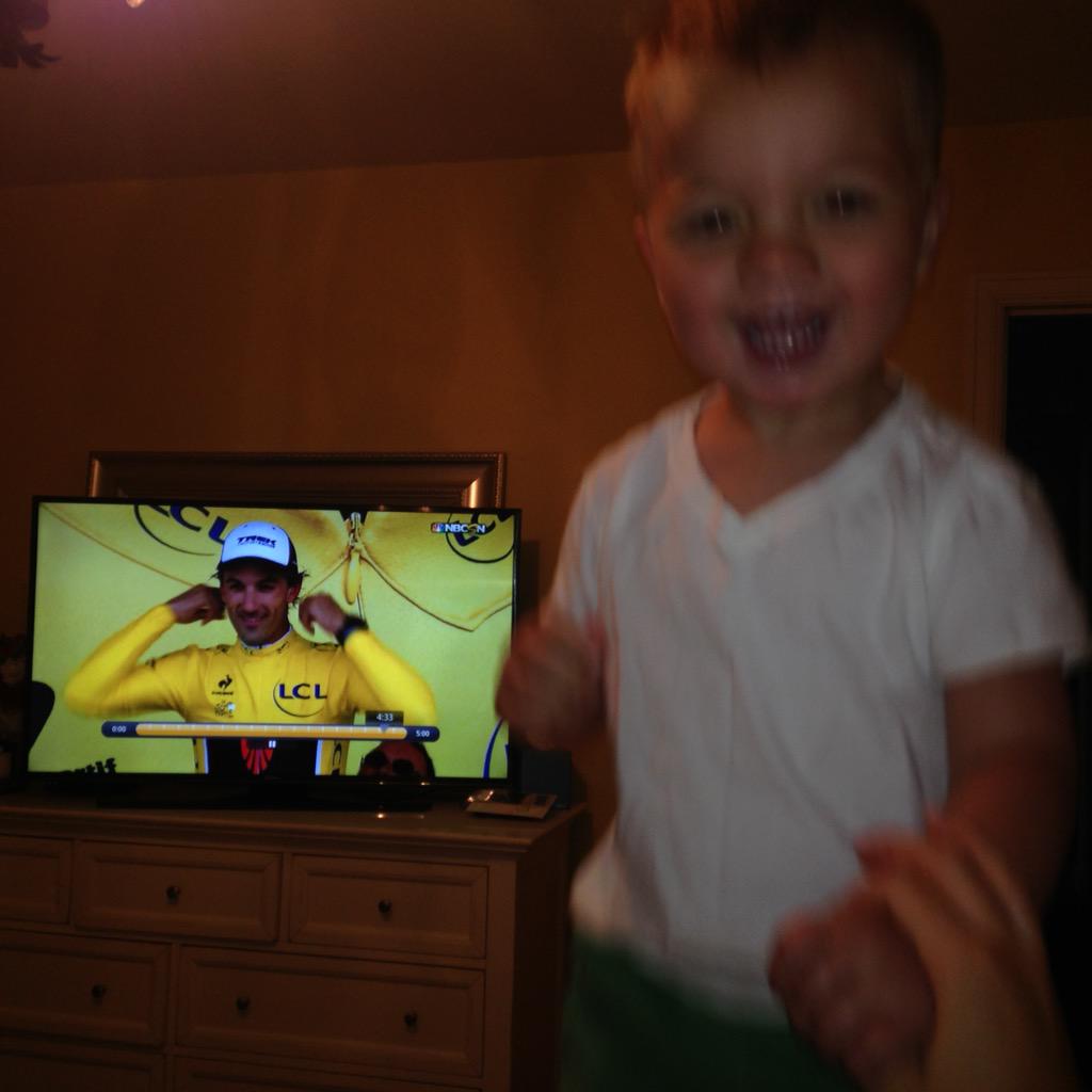 MegEShad's tweet photo. 7/5- Dane Fabian celebrating his namesakes' yellow jersey! We love #LeTour2015!!! @f_cancellara @TrekFactory @letour http://t.co/Cz2GfOJZUA