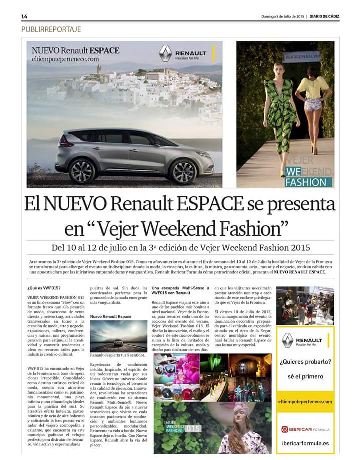 Agradecemos a <a href="/IbericarFormula/">Renault Cádiz</a> el magnífico publireportaje en <a href="/diariocadiz/">Diario de Cádiz</a> #wefashion #vwf15 #vejerweekendfashion