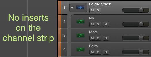 You'll notice Folder Stacks have no inserts on the Channel Strip: precisely the point; prevents unintended changes.