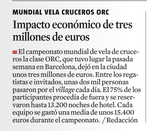 El Mundial <a href="/ORCBCN15/">BCN ORC WORLDS 2015</a> tiene un impacto económico de 3 millones de euros a la ciudad vía <a href="/LaVanguardia/">La Vanguardia</a>