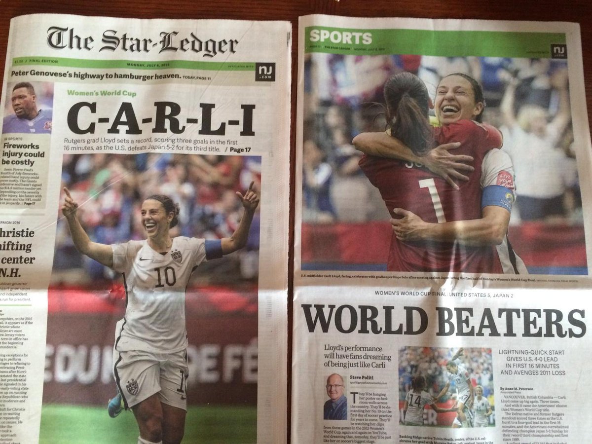StevePoliti's tweet photo. Carli Lloyd is kind of a big deal in her home state newspaper this morning. http://t.co/cUUj2EultH