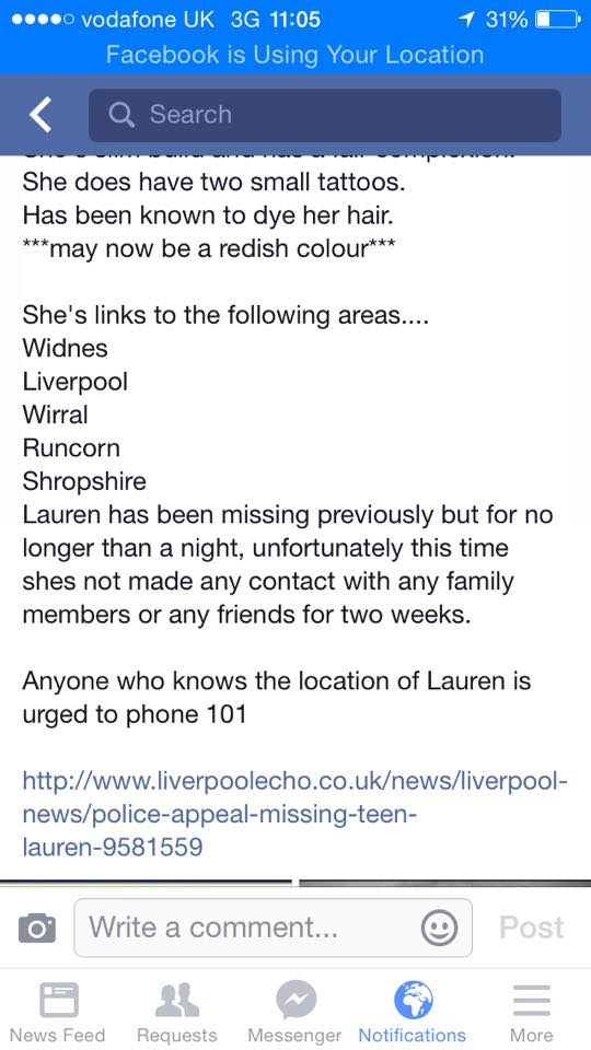 Feyre_Jane's tweet photo. @stephanddom pls #helpfindlauren missing #liverpool #L14 possible sighting #shropshire #gogglebox http://t.co/dh1TM5rxnT