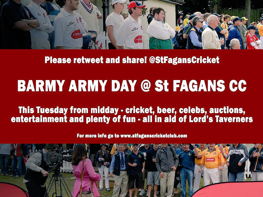 This time tomorrow, the entertainment with @TheBarmyArmy will be getting underway @StFagansCricket! Everyone welcome.