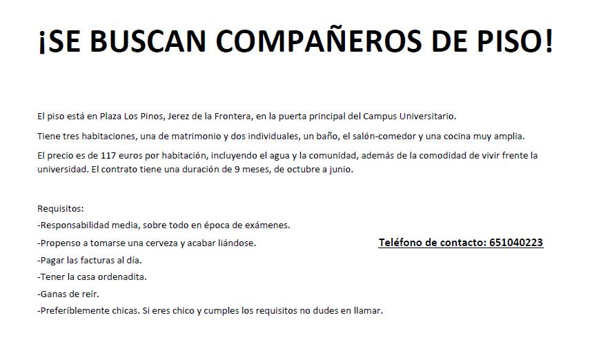 anasoleta's tweet photo. ¡SE BUSCAN COMPAÑEROS DE PISO! Jerez de la Frontera @UCAboard http://t.co/SAQeisVpgI