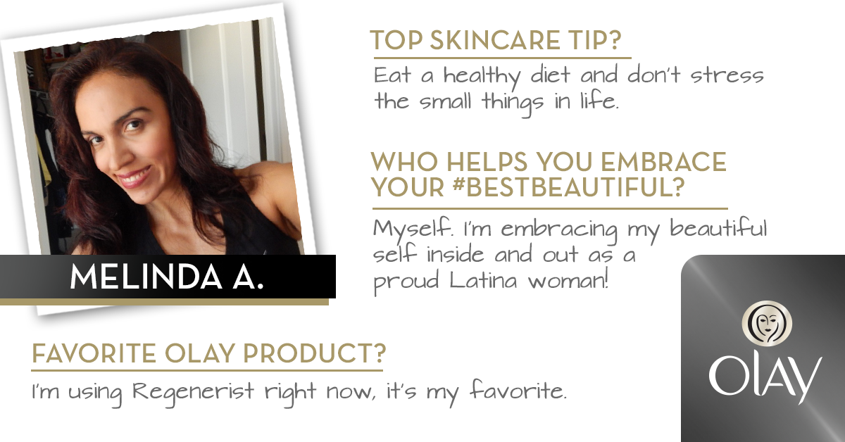 OlaySkin's tweet photo. Next up in our 100k follower celebration is Melinda. We love how she embraces her #BestBeautiful! http://t.co/vYZrto829B