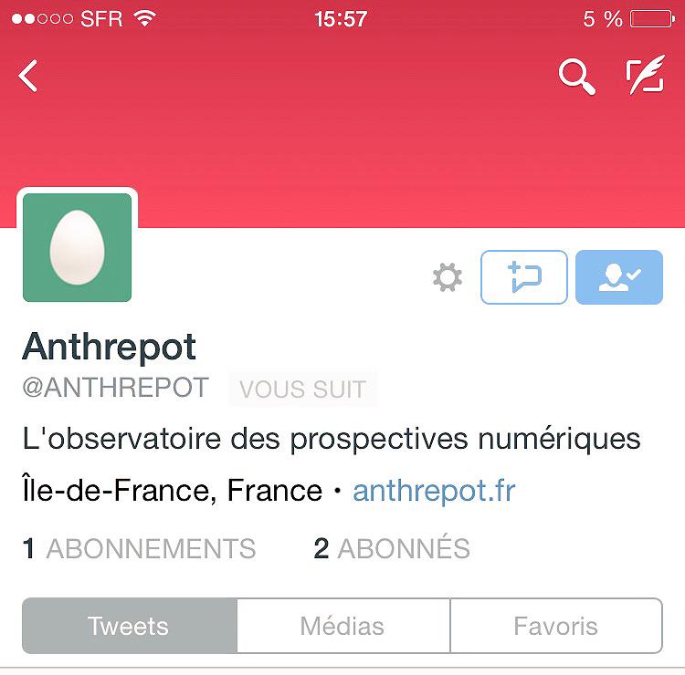 FlashTweet's tweet photo. #Twelcome on my Board @ANTHREPOT #5000e abonné  
💐🎓🏆🎶🎩🏁🎰
Et longue vie à l'observatoire des prospectives numériques 💫 http://t.co/GGZDkhkOez