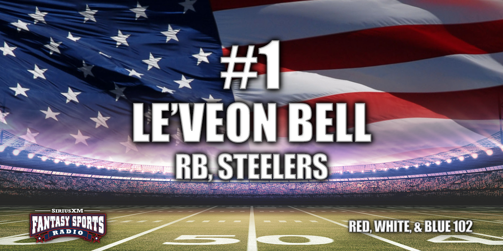 SiriusXMFantasy's tweet photo. #1 in our Red, White & Blue 102 is @steelers RB Le'Veon Bell! Despite suspension, still the BEST in the game. #RWB102 http://t.co/upWpi21dwf