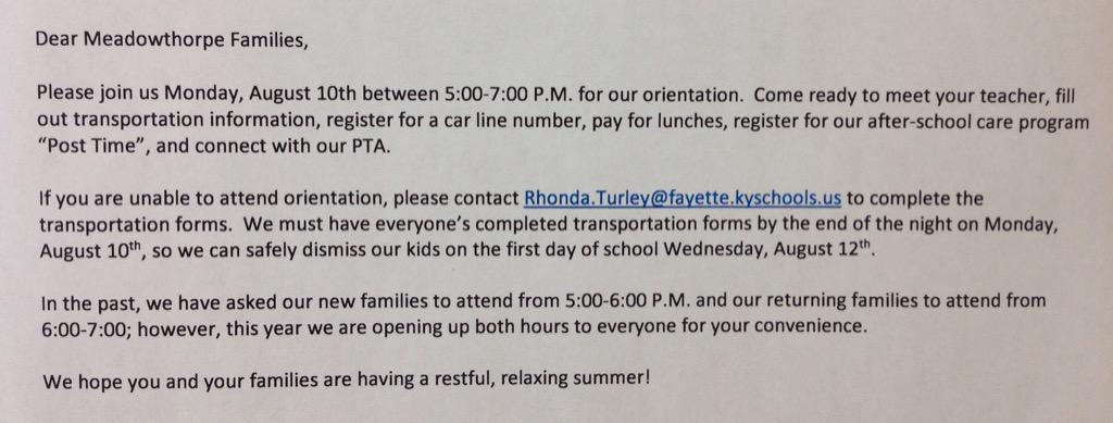 PrincipalKatte's tweet image. Our ORIENTATION is Monday, August 10th from 5:00-7:00 P.M. Please see attached message.