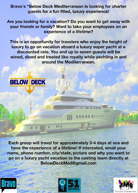 BelowDeckMed's tweet photo. @jocelynosorio Interested being on this season of Bravo's Below Deck Mediterranean? Check out our casting flyer! http://t.co/8JlvOsarF7
