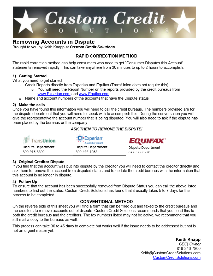 CustomCreditSol's tweet image. FREE DIY Credit Repair Tools: "Removing Accounts in Dispute". Follow us for FREE credit tools! #creditrepair #finance