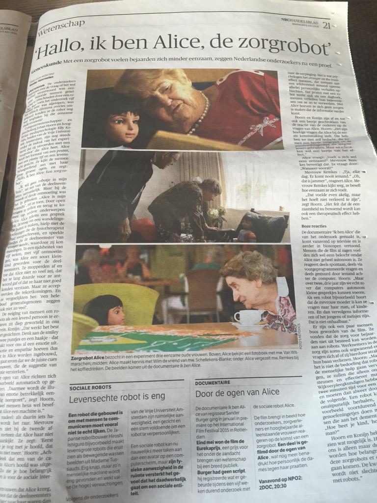 hermineke's tweet photo. Documentaire over het @crispnl project 'Ik ben Alice', de zorgrobot, 20.30 uur, NPO2. Winnaar Eurekaprijs @NWONieuws http://t.co/C2ROlh9mrZ