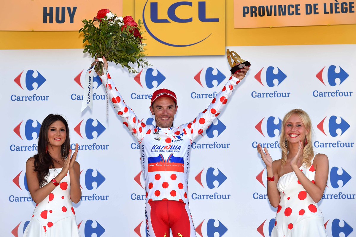 #TDF2015 Polka-dot jersey for <a href="/PuritoRodriguez/">Joaquim Rodríguez</a> after today's perfect stage 3! #katushateam photo by <a href="/TDWsport/">Tim De Waele</a>