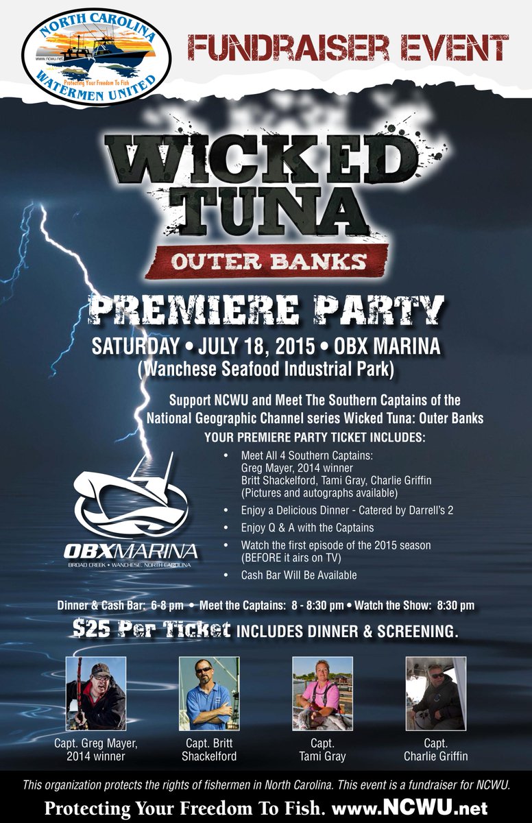 OuterBanksCatch's tweet photo. Wicked Tuna #OuterBanks premiere party on Saturday, July 18 - Come meet all 4 captains and watch the season premiere! http://t.co/qGsnEdk39k