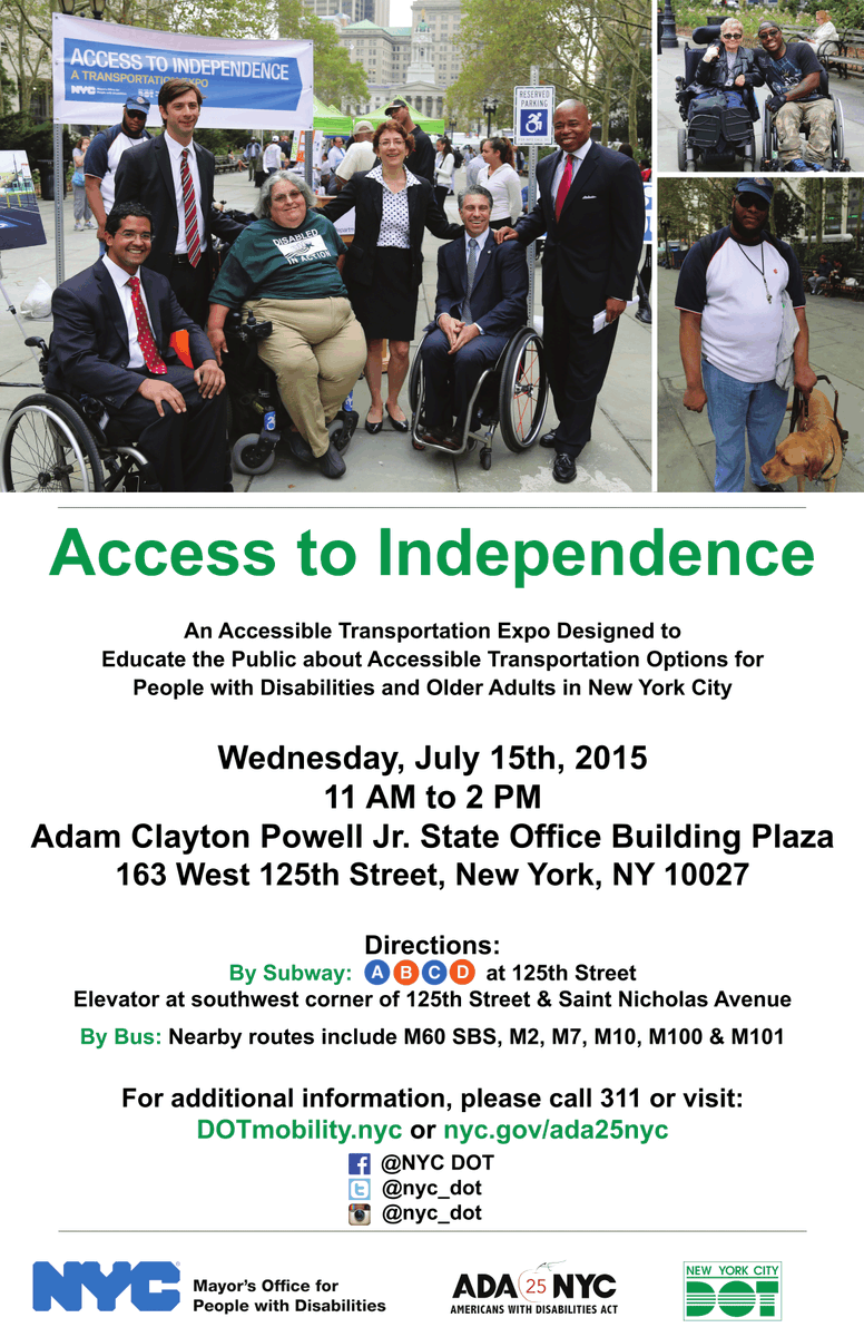 NYC_DOT's tweet photo. Celebrate #ada25nyc with #DOTMobility and @NYCDisabilities at #AccessToIndependence on 7/15 http://t.co/qvQiH96bB5 http://t.co/CT3G0M8hZA