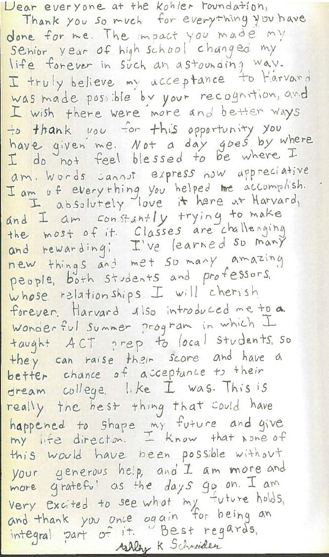 KohlerFdn's tweet image. #tbt - Note from our 2009 HVK #Scholar, Ashley (Schnieder) Webster, currently in grad school @UWMadison #HarvardGrad
