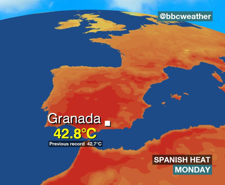 EUROPE Temperature records continue to tumble. Today, the mercury in Granada (Spain) soared to EUROPE Temperature records continue to tumble. Today, the mercury in Granada (Spain) soared to