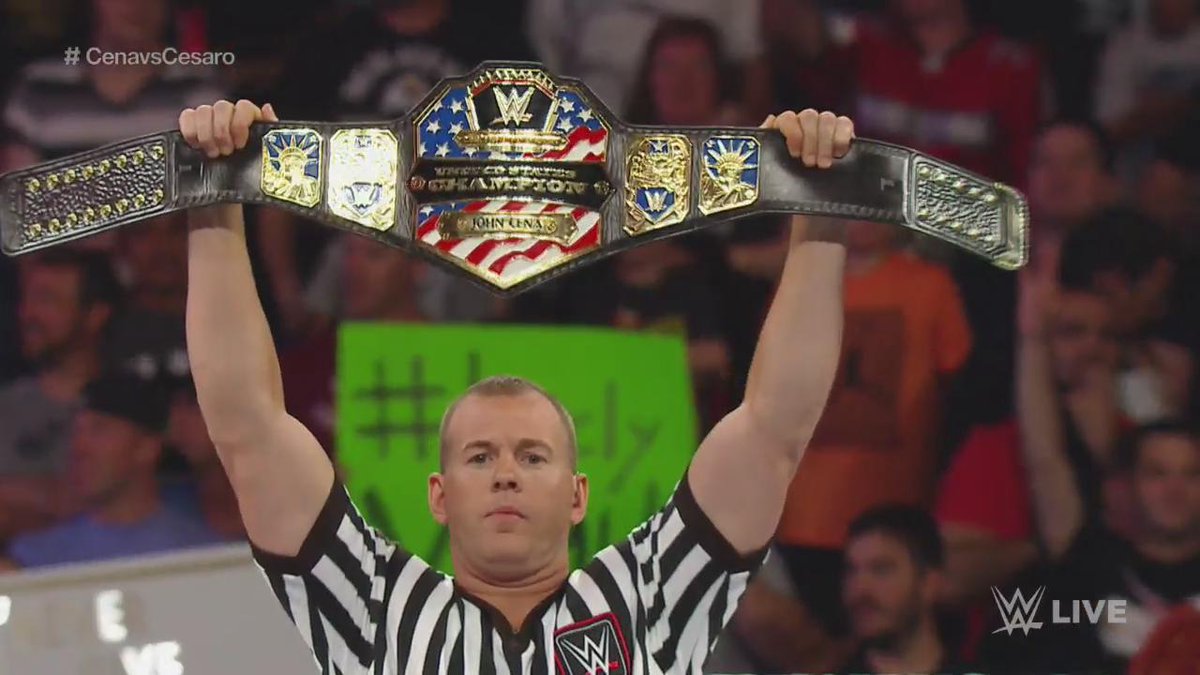 WWE's tweet photo. It's #CenaVsCesaro for the #USTitle, and it's LIVE NOW on @USA_Network! #RAW http://t.co/C74F2eRuR6