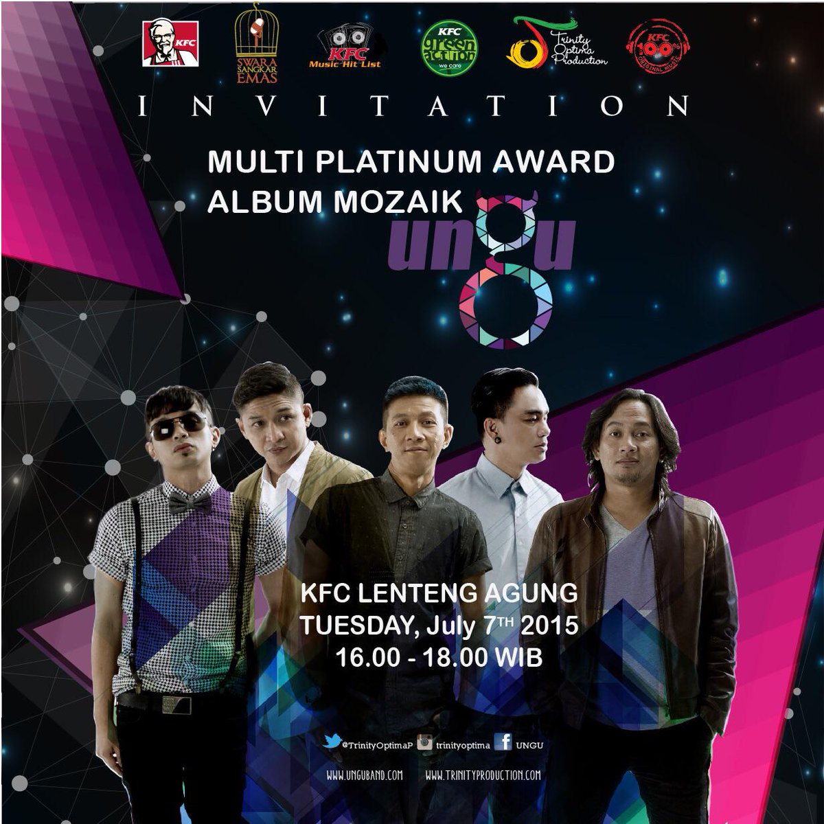 Hari ini Ungu akan dapat penghargaan Multi Platinum Album Mozaik di KFC LentengAgung. Yuk datang &amp; bukber bareng UNGU