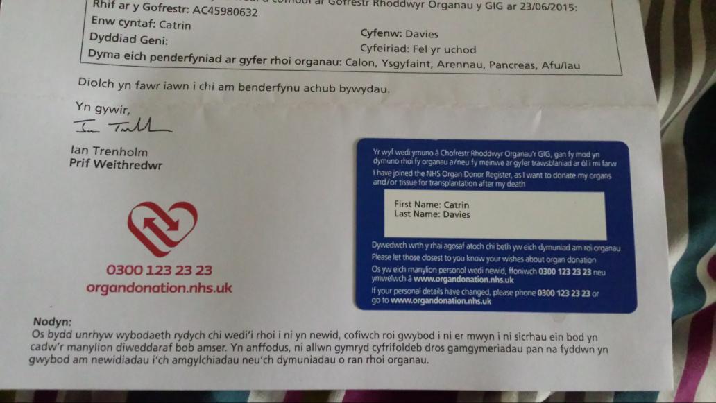 Catrin193's tweet photo. This arrived in the post today😊 #optin #organdonation #discuss #raiseawarwness #cronfaelen @cronfa_elen @cerddwn http://t.co/7Jwa5ibr9P