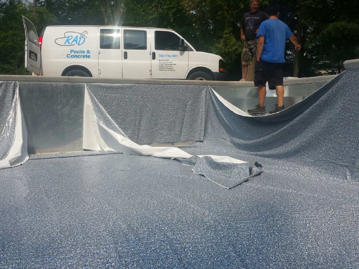 VinylMasters's tweet photo. Great day for a drive.  This Swimming pool liner was welded on site over the stairs in North Bay by Gordon and Kyle. http://t.co/E4LQostt9e