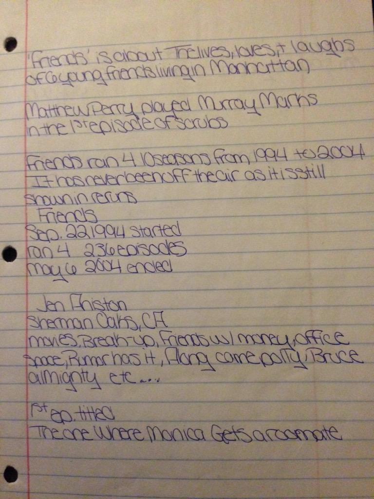 foreveraniston's tweet photo. Omg I found old notebooks of mine from like 2008 and I wrote about friends 😂 http://t.co/9bIk2Wpmuy