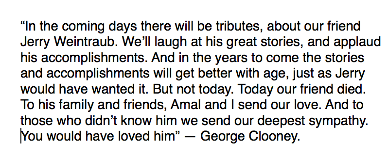 Read #GeorgeClooney's touching statement mourning #JerryWeintraub