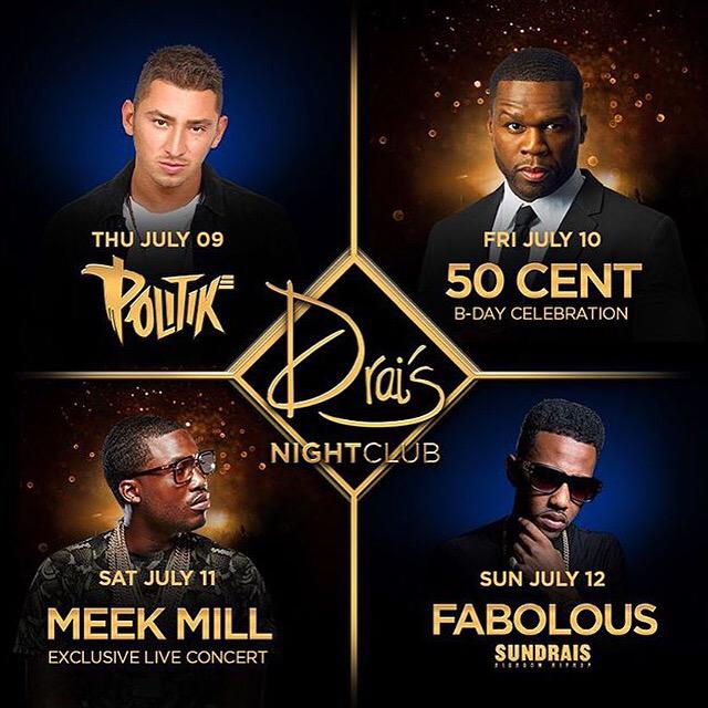 draisvipsvcs's tweet photo. Another star studded lineup this weekend with 3 live events! #50cent #fabolous #meekmill #hiphop http://t.co/jr0V5P9qvp