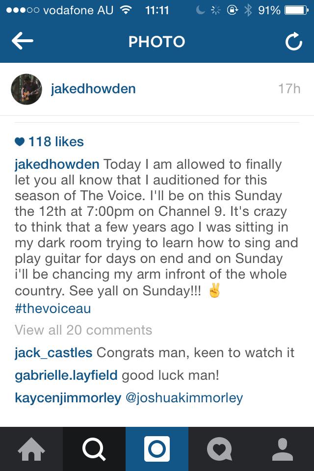 JakeHowdenMelb's tweet photo. This Sunday @JakeDHowden will be on The Voice! I've already set my tv to record! 7pm in Melbourne. Channel 9 http://t.co/7lxYyWpULN
