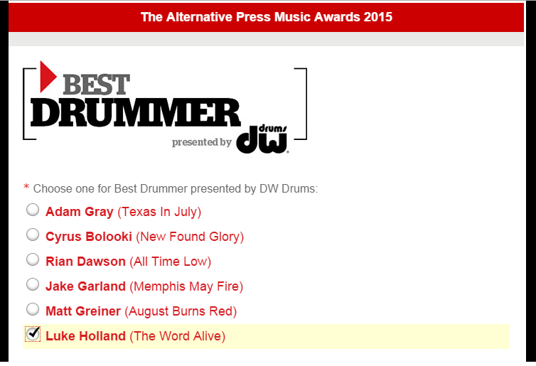 bittersweetppz's tweet photo. Vote for @LukeHollandd @TheWordAlive http://t.co/Ov7zGNvusJ #voteAPMAs #vote4luke #teamluke @AltPress http://t.co/QL5NjEPyzD