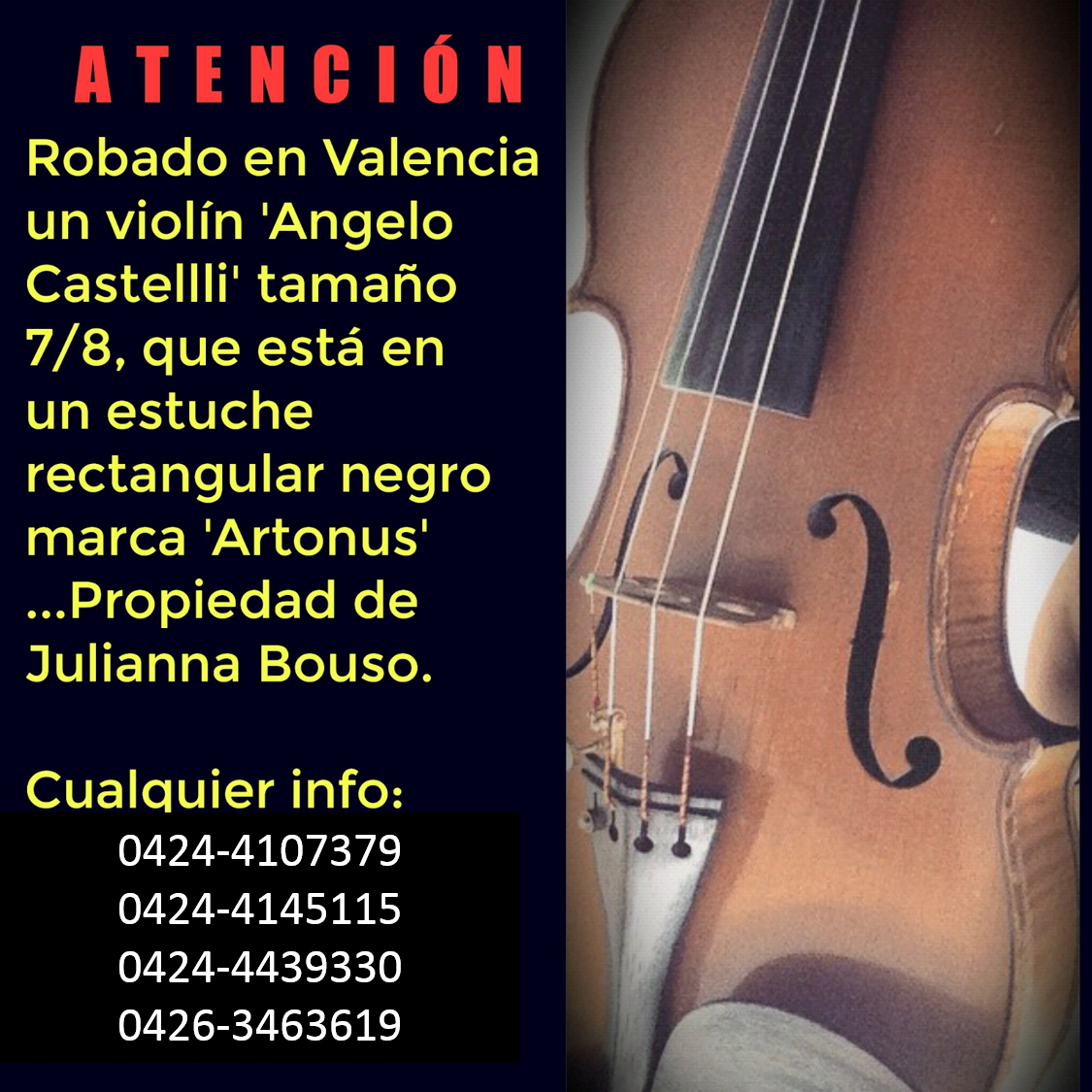 AMflauta's tweet photo. Robado violín en Valencia hoy 6-7-15. 
Por favor difundan esta información, es muy importante para su dueña. 
Gracias http://t.co/SGmN0vJ4HI