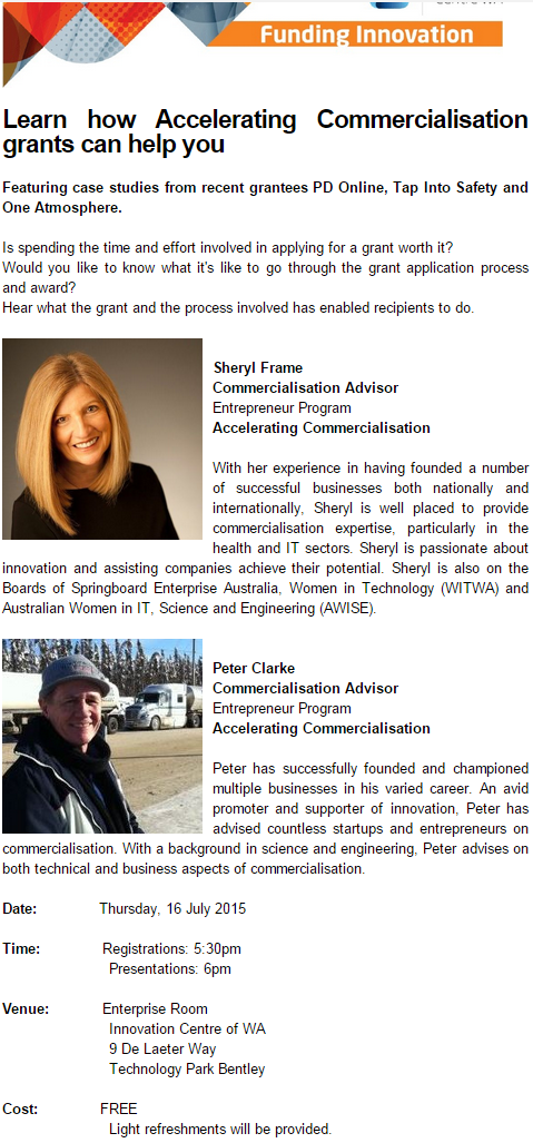 ICWA_Gateway's tweet photo. @spacecubed ICWA event Learn how Accelerating Commercialisation grants can help you - tickets: http://t.co/4FSsNAmKa7 http://t.co/Z1nJgfraNH