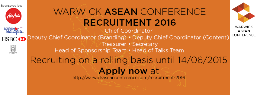 aseanfoundation's tweet photo. Open Recruitment for Warwick ASEAN Conference 2016. http://t.co/8Knc5Qf8cW #BeASEAN #ASEANEvent http://t.co/LjRdv81ukf