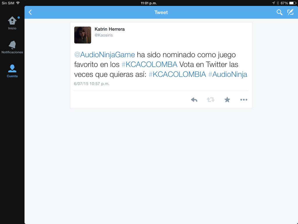 Kaosiris's tweet photo. @eduardoval @MonicaJllo porfa ayúdenme con RT para votos, Felipe trabajo en este juego THNKS #KCACOLOMBA #AudioNinja http://t.co/pfLZES1XAN