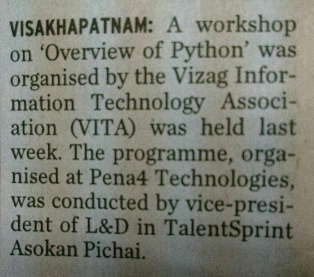 VizagIT's tweet photo. PYTHON PROGRAMMING WORKSHOP HELD ON JUNE 28 th 2015 http://t.co/if4boJr8SV