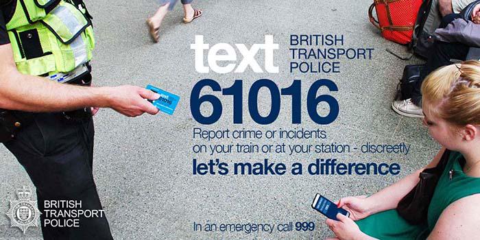 networkrail's tweet photo. To report crime or incidents on your train or at your station - discreetly, text @BTP on 61016 http://t.co/bVH2msmlks