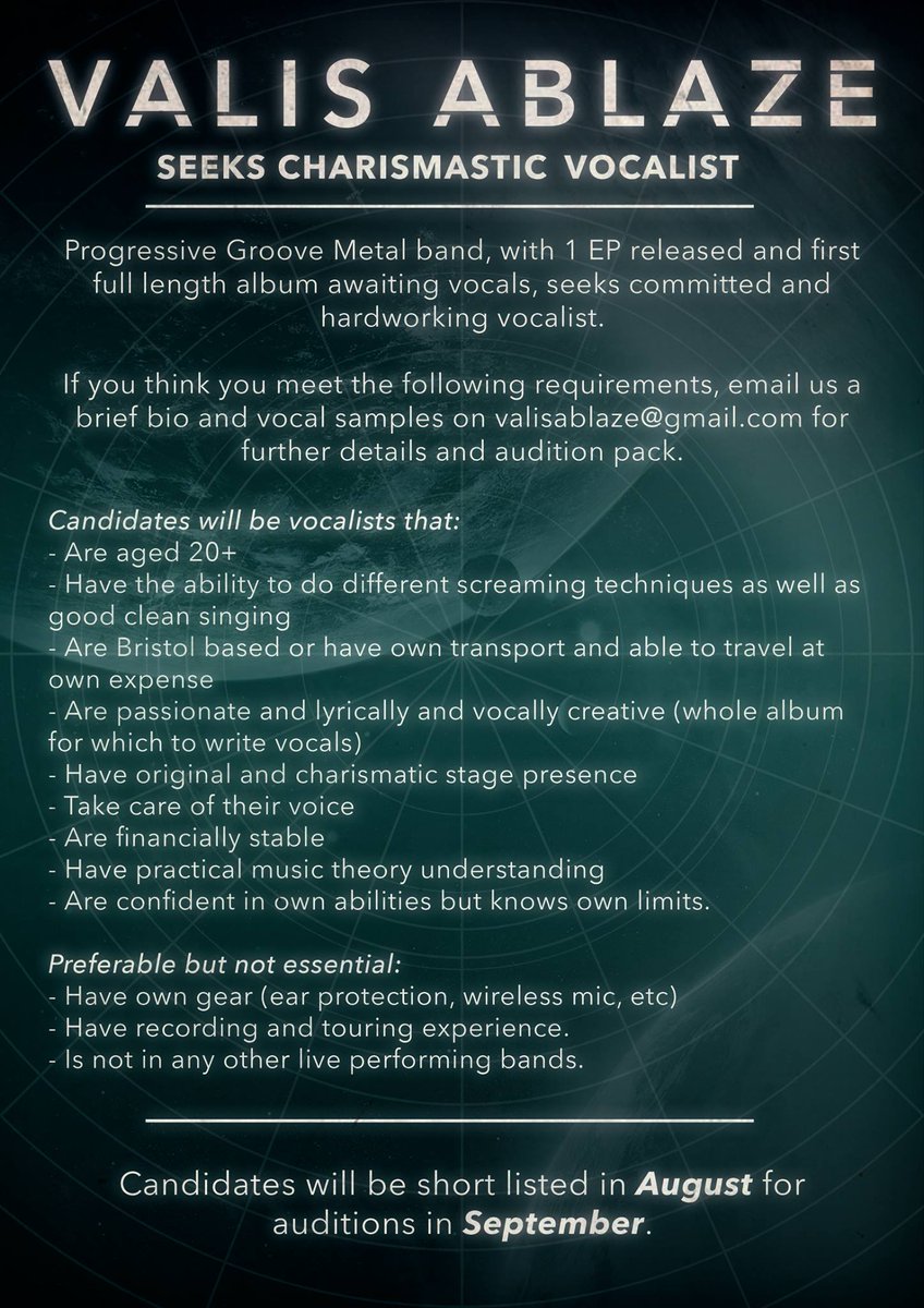 My #Bristol based metal band <a href="/Valis_Ablaze/">Valis  Ablaze</a> are looking for a new vocalist. 
Please RT