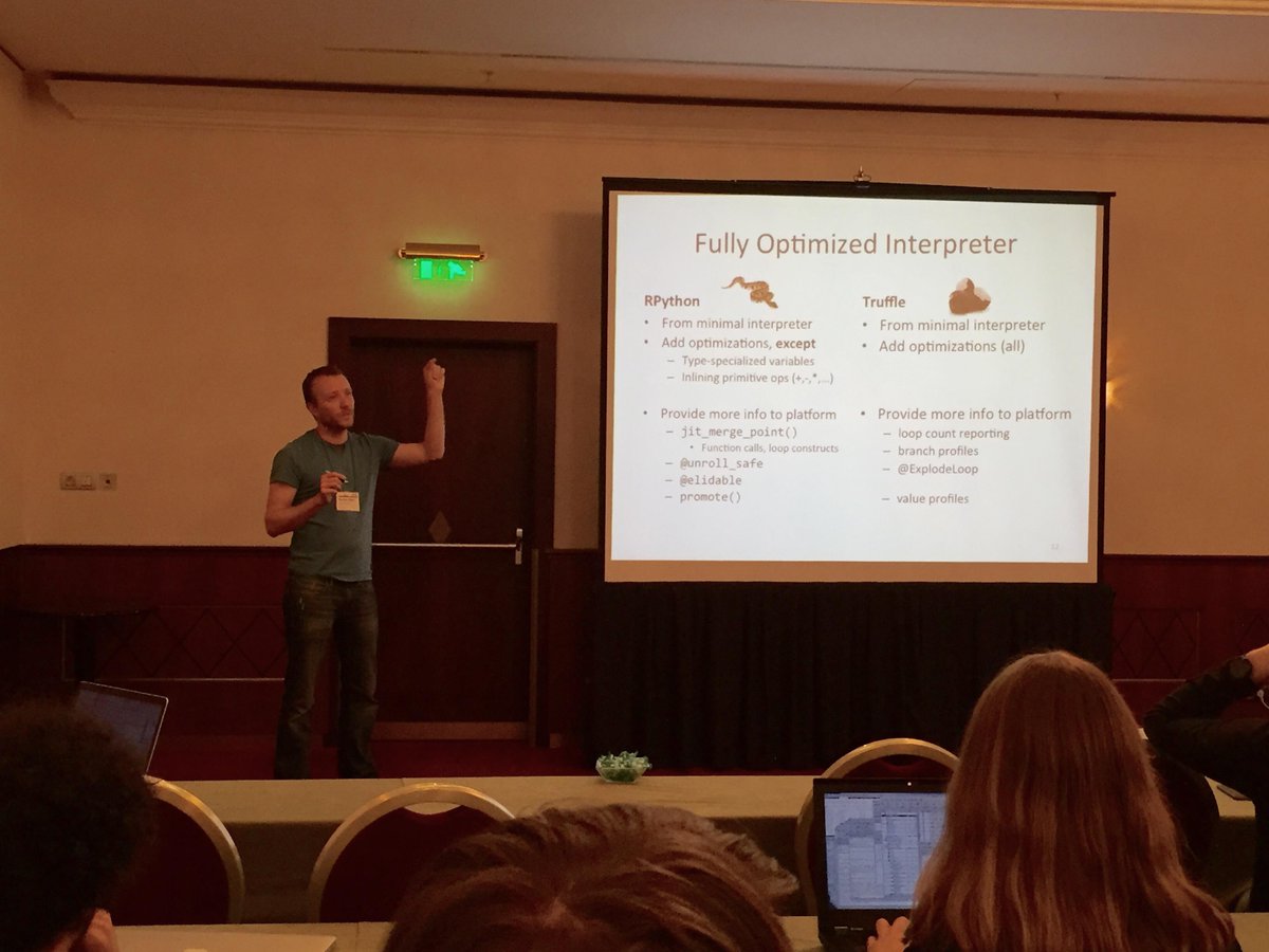 fniephaus's tweet image. .@smarr comparing his first impressions on #RPython and #Truffle. #ecoop @ecoop2015