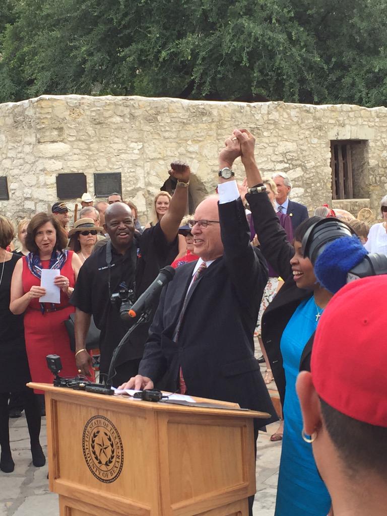 Judge Nelson Wolff and Mayor Ivy Taylor kick off #MissionsofSanAntonio World Heritage celebration in front of Alamo.