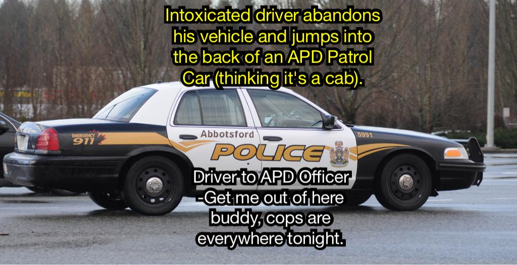 Drunk driver jumps into #abbypd car thinking it's a cab. "Get me outta here buddy, cops are everywhere tonight!"